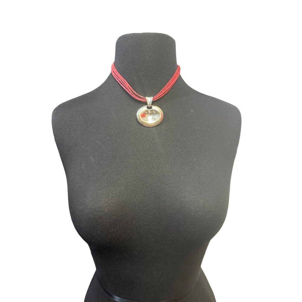 Avon Red Rope Necklace with Oval Silver Pendant Removable 15 inch